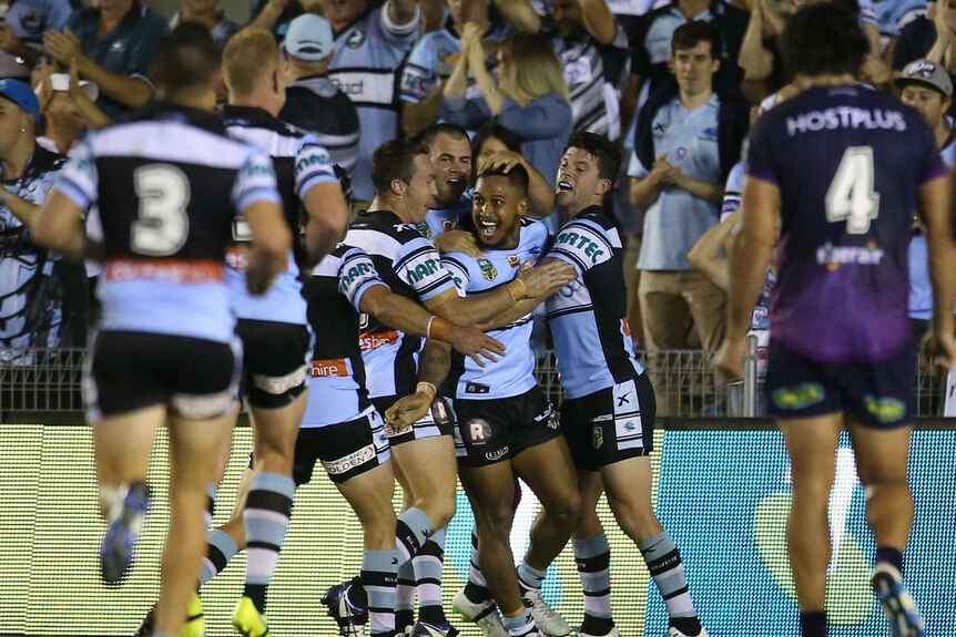 Ben Barba celebrates a try against the Storm