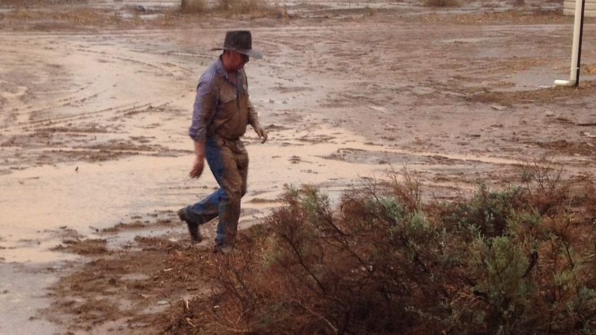 A muddy Barnaby Joyce on the PM's drought tour at Bourke after surprise rain.
