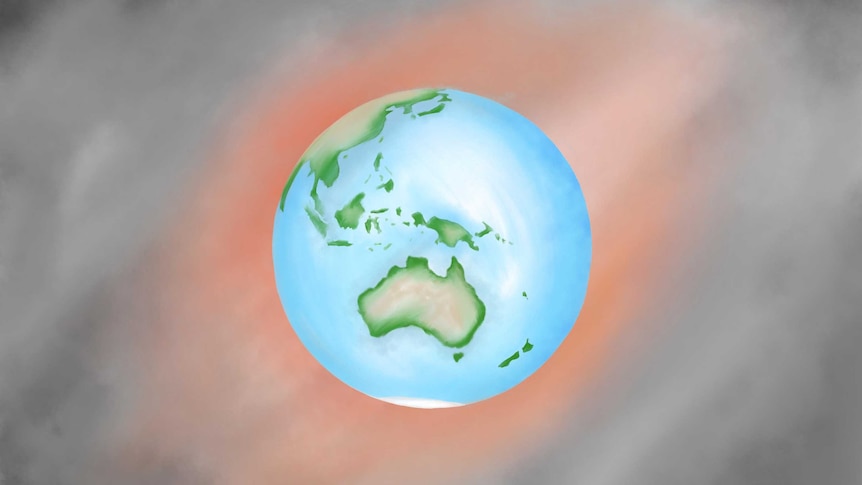 a graphic of the globe showing australia and asia with a red, black and grey background