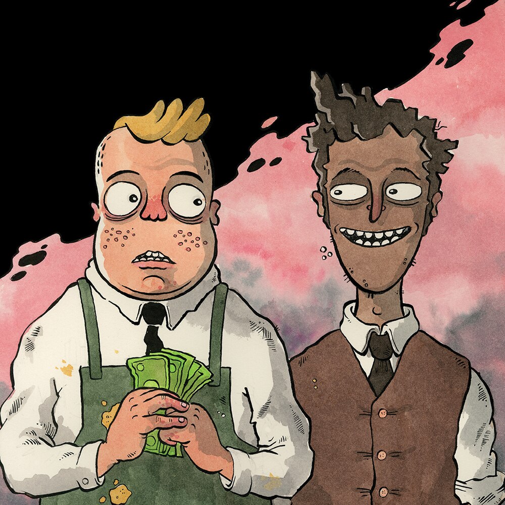 An illustration shows two characters from the chest up. One is wearing an apron, clutching money, the smiles in a waistcoat