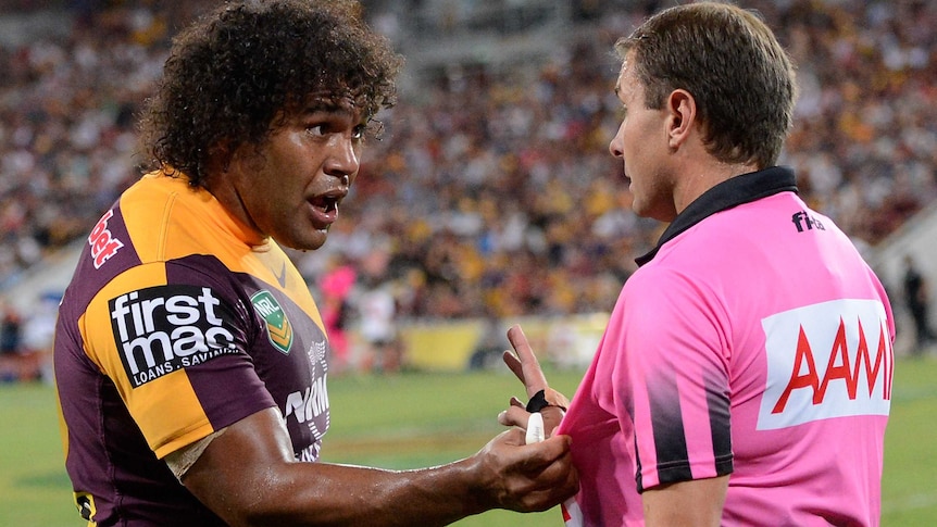 Broncos captain Sam Thaiday argues with the referee