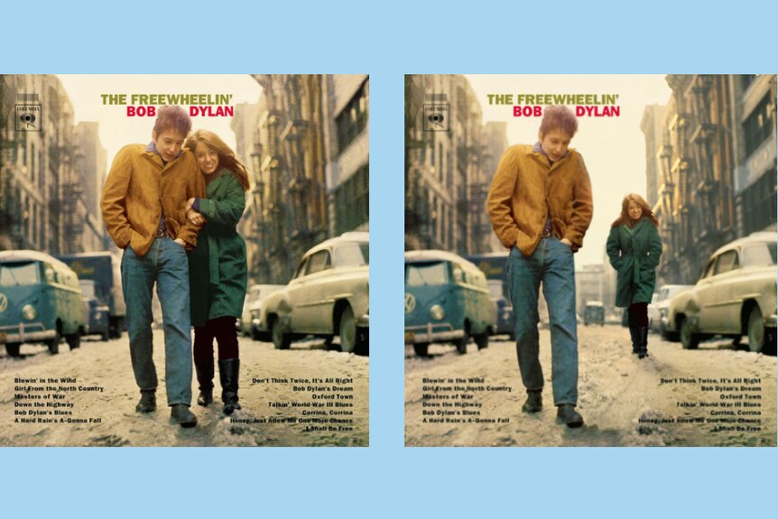 Cover of Bob Dylan's The Freewheelin' Bob Dylan, next to the same cover with the figures further apart