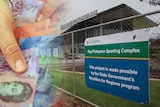 A curated image of a handful of cash next to a picture of the Kalgoorlie racing club with a royalties for regions sign.