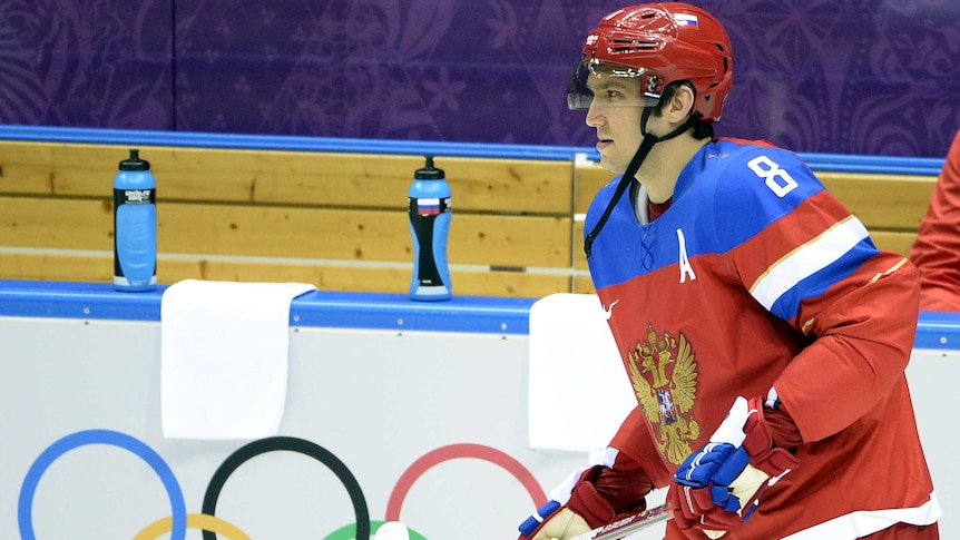 Alex Ovechkin trains with Russia at the Sochi Games