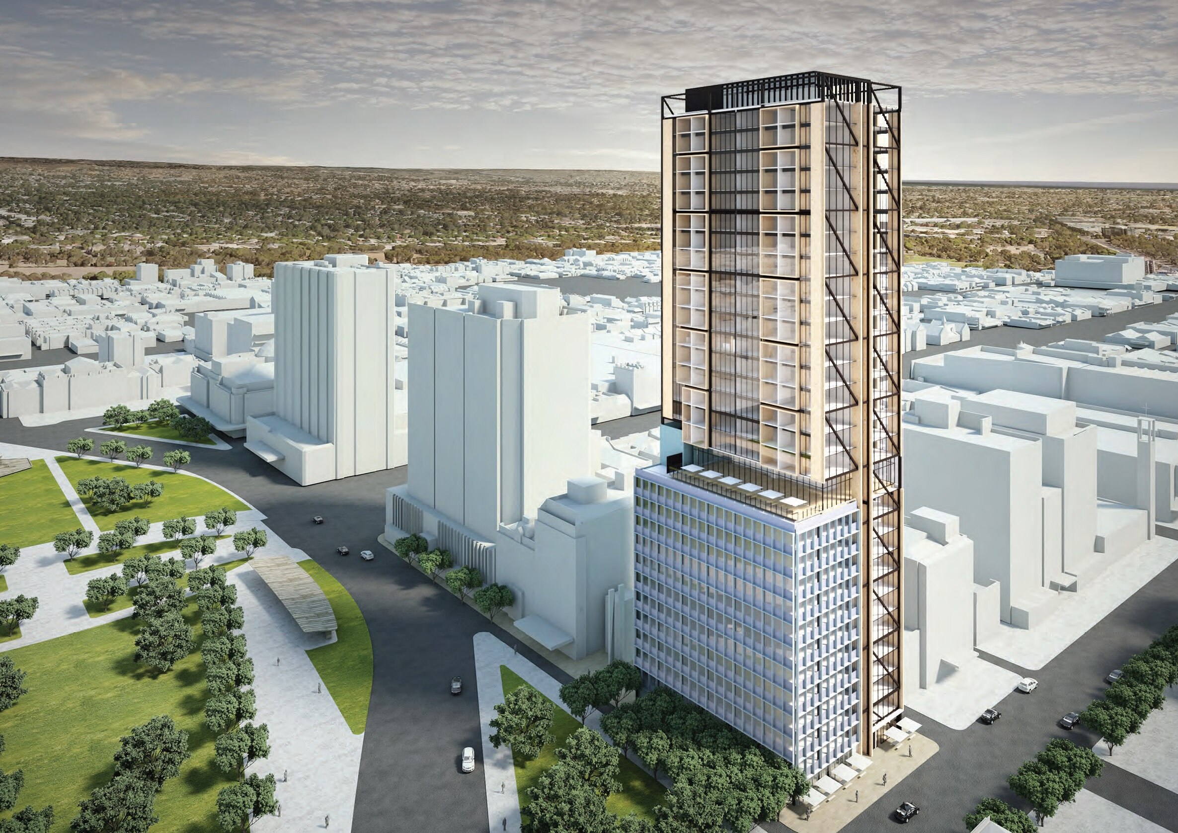 An artists impression of a hotel in the middle of Adelaide.