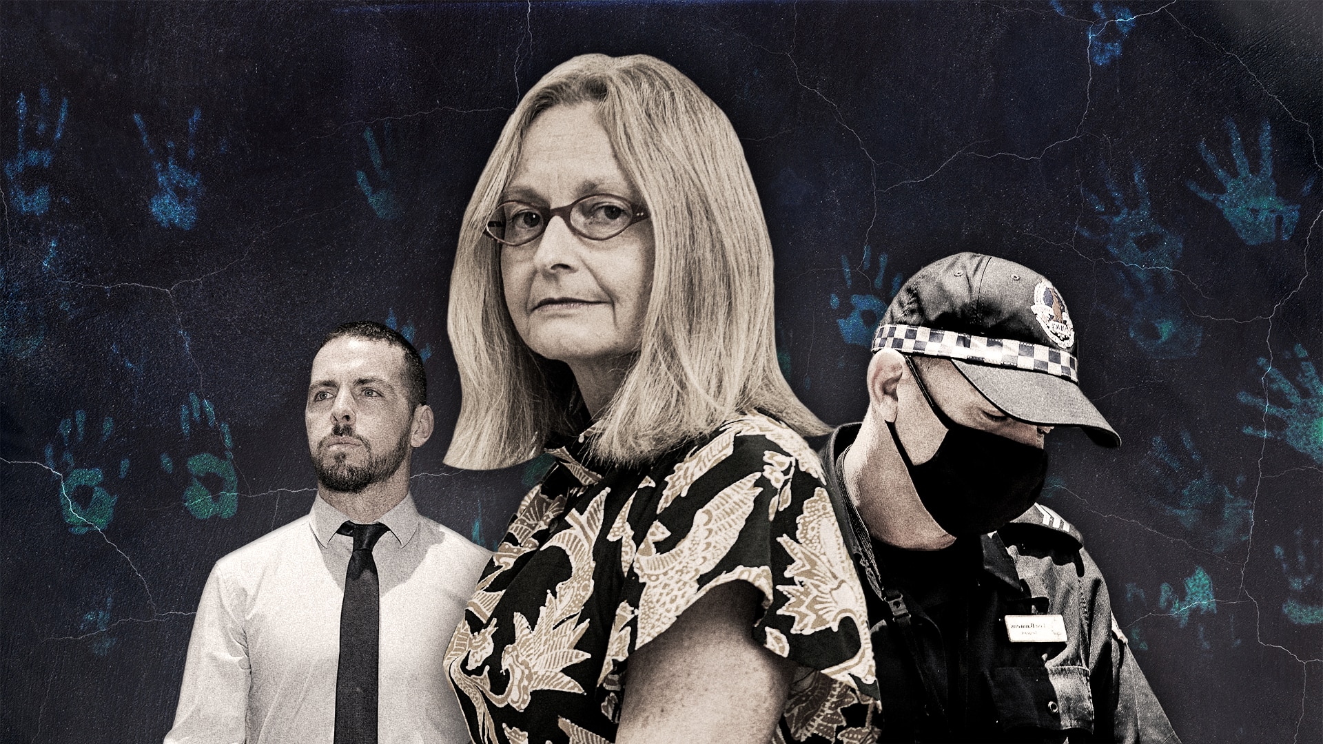 A woman with blonde hair looks seriously at the camera. Behind her are two men and blue handprints.