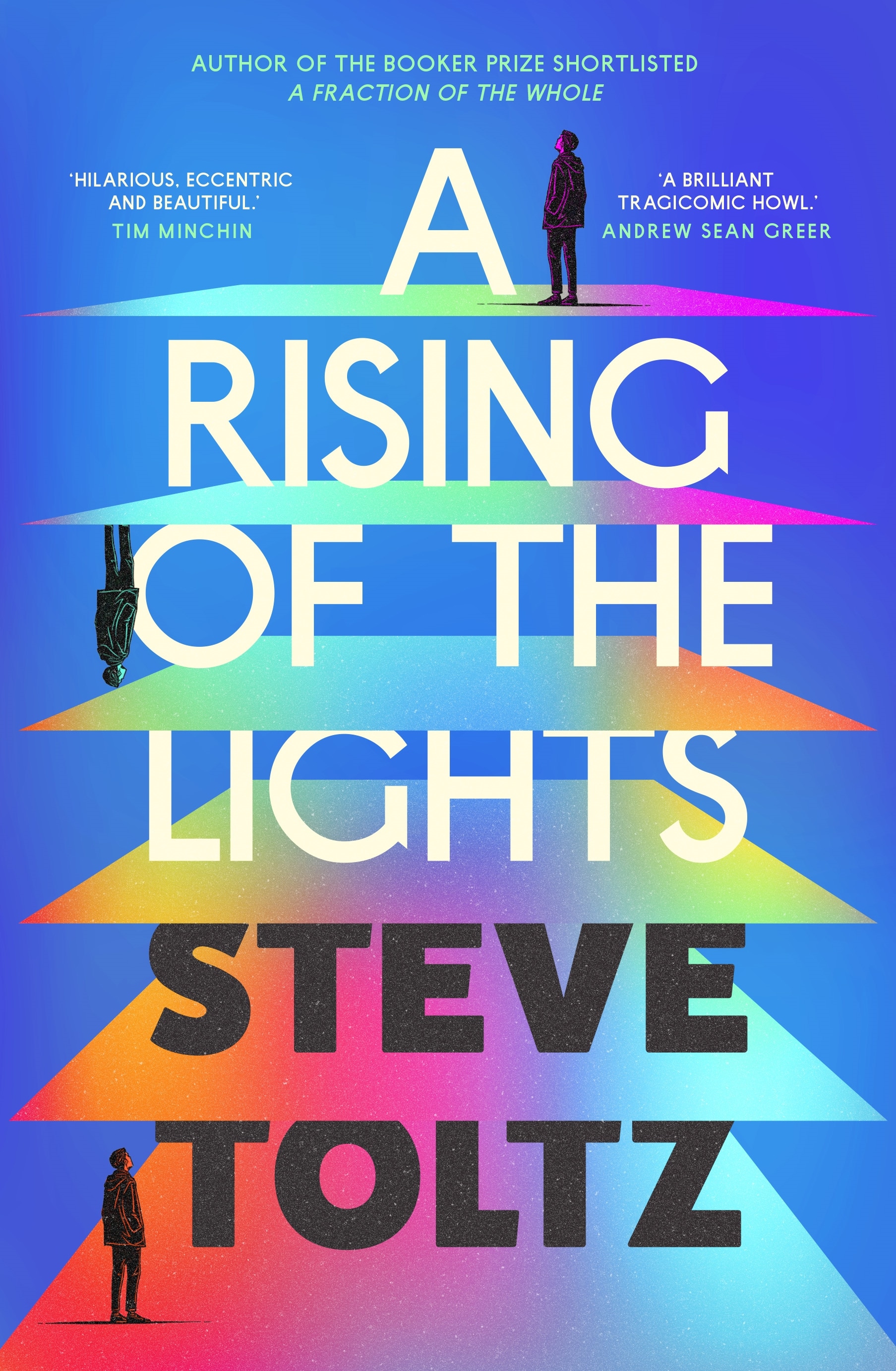 Εξώφυλλο του A Rising of the Lights από τον Steve Toltz; τρεις φιγούρες στο πίσω μέρος και έξι αιωρούμενα τετράγωνα τεχνικής χρώματος σε μπλε φόντο.