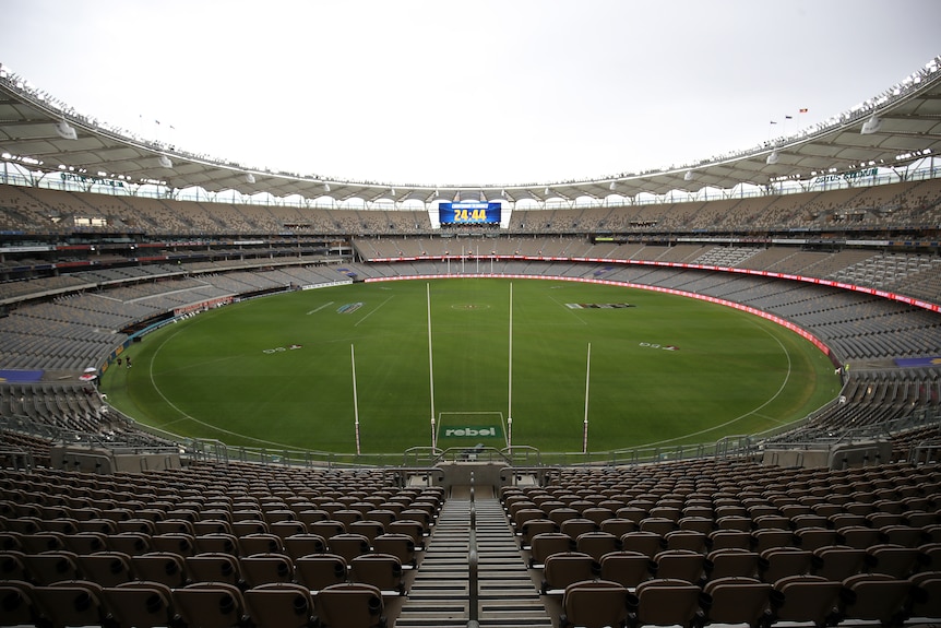 A empty stadium is seen as no crowd is permitted following a confirmed covid-19 case in WA.