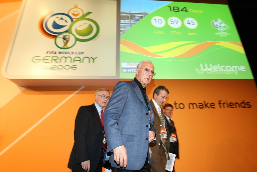 Franz Beckenbauer and Wolfgang Niersbach at 2006 World Cup conference