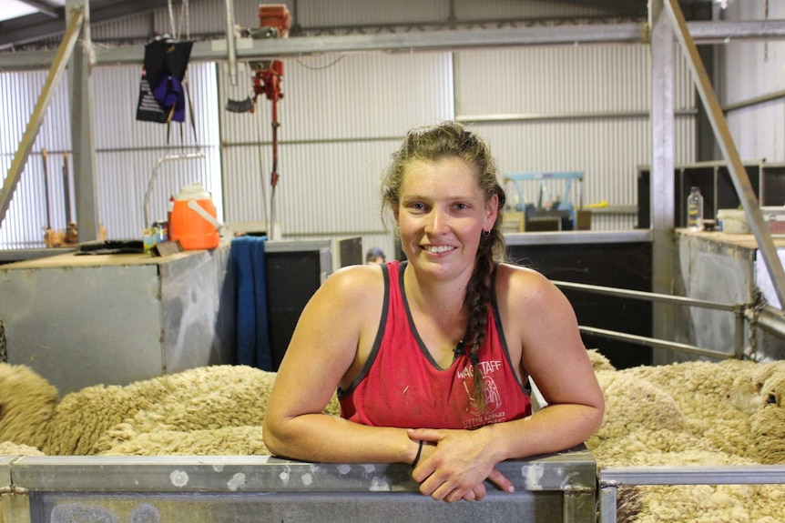 A woman wearing a singlet leans on a gate inside a sheering shed, with sheep crowded in behind her.