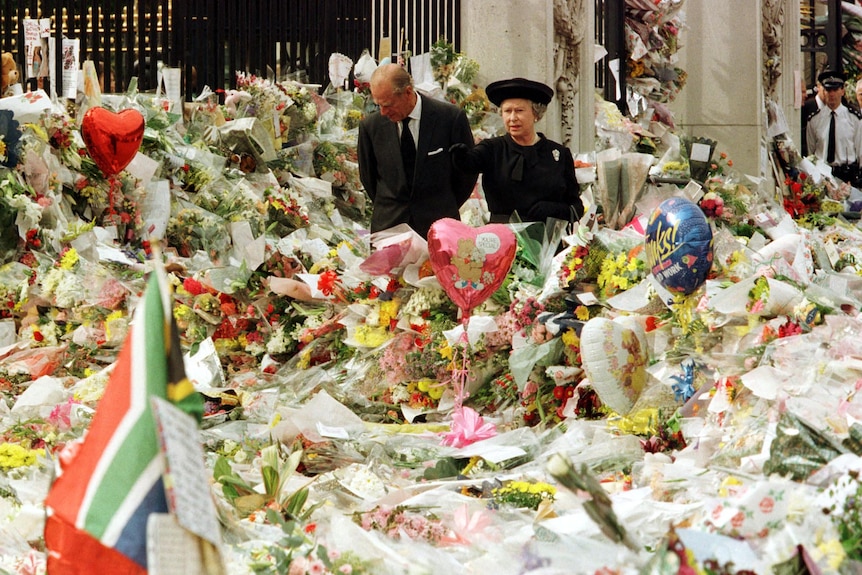 Queen and Prince Philip with floral tributes for Diana, Princess of Wales.