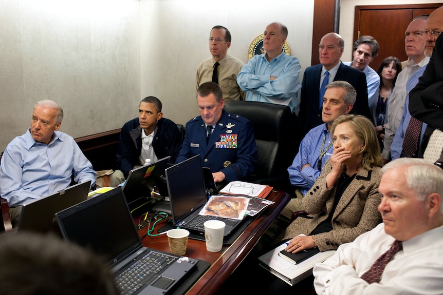 President Barack Obama and Vice President Joe Biden with members of the national security team, the White House, May 1, 2011.