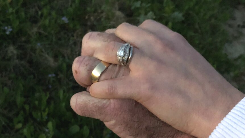Man and woman's hands joined, wearing wedding rings