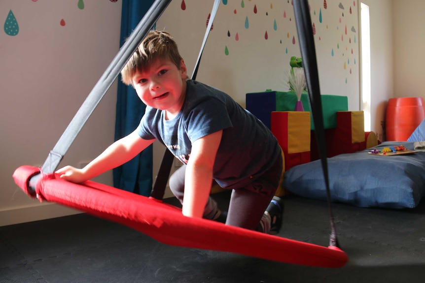 Max climbs on a swing