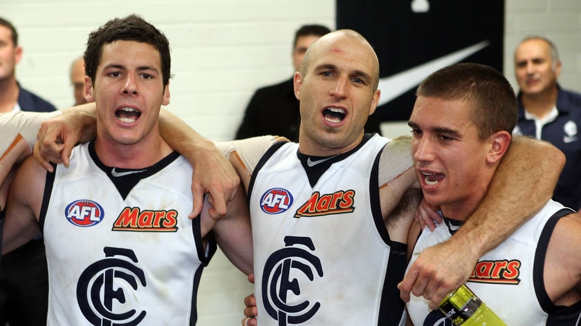 Famous victory: Chris Judd (c) was one of the busiest Blues on the park in the comeback win.