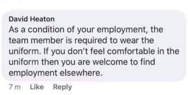 The Facebook message David Heaton sent to staff members.