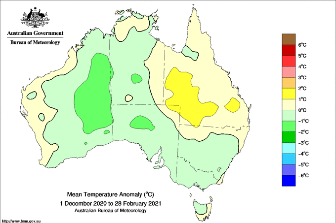 A map showing cooler than average temperatures across much of the south, centre and west of Australia.