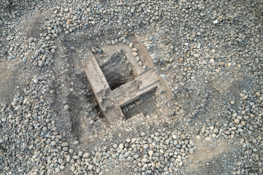 Birds eye view of a temple covered in stone.  