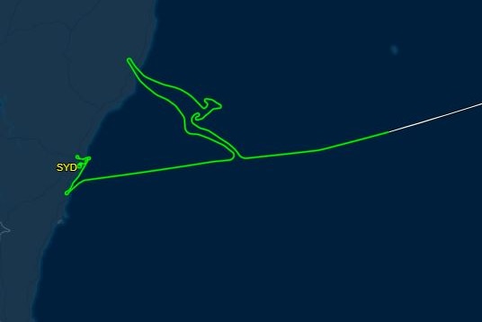 A satellite-style map showing a plane's flightpath. The aircraft traced out the shape of the Qantas kangaroo.