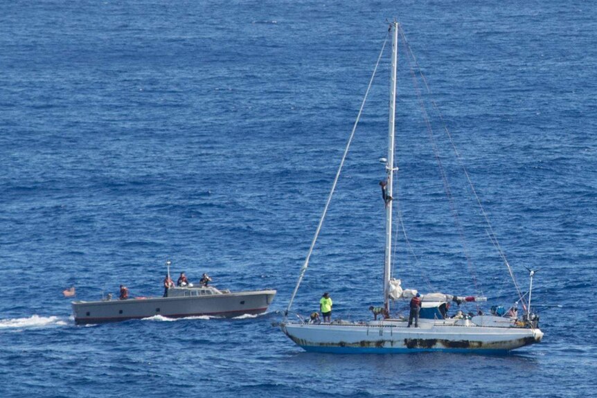 A US Navy boat approached a sailboat in the middle of the Pacific Ocean where two women had been stranded for five months.