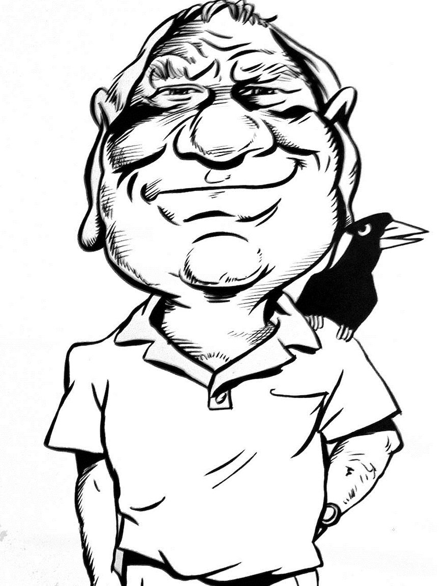 A black-and-white caricature of a man with a magpie on his shoulder.