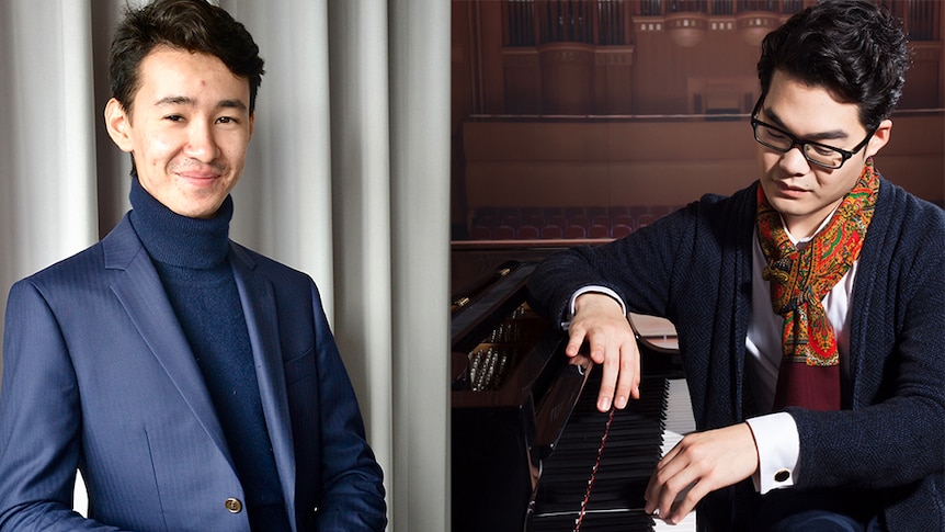 A combined photo with pianists Robbin Reza on the left, and Tony Lee posing at a piano on the right.