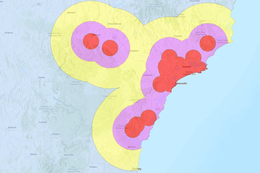 A map of the NSW east coast showing 37 of 38 red, purple and yellow zones surrounding varroa mite detections.
