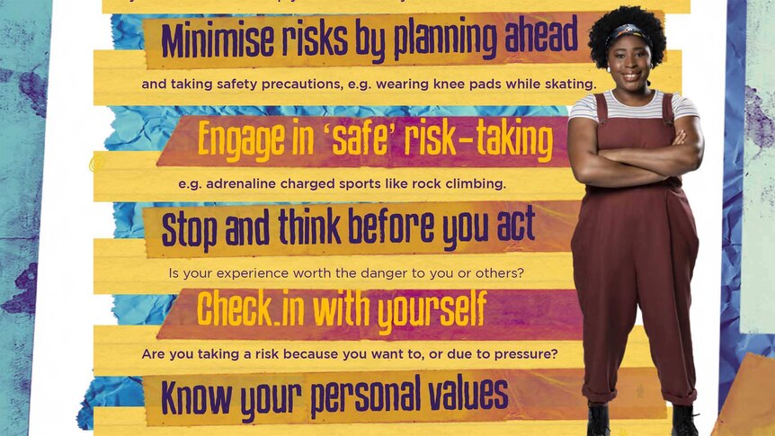 Composite image of Mikki standing with a text list of advice on how to take risks