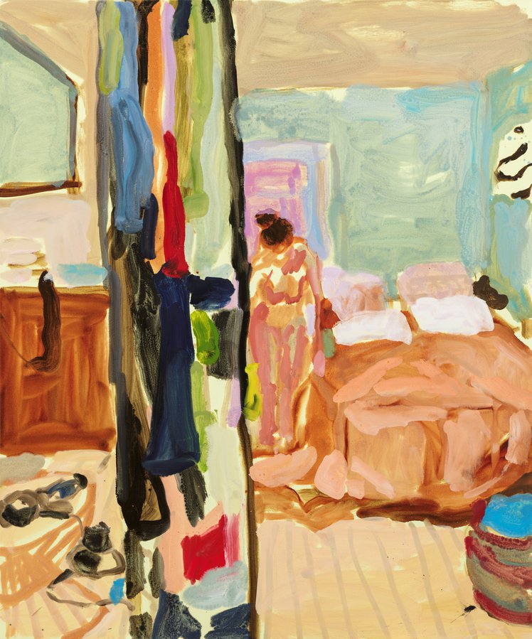 Une peinture à l'huile représentant une femme déshabillée dans une chambre
