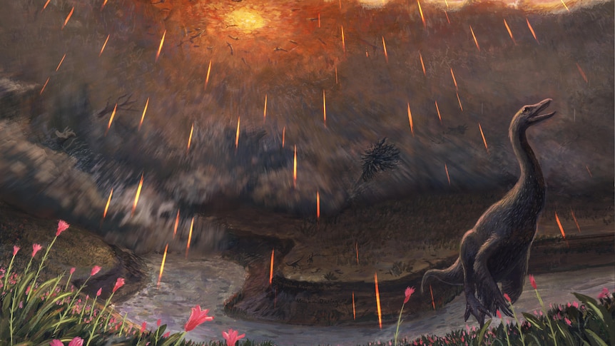 Artist's impression of dinosaur and asteroid