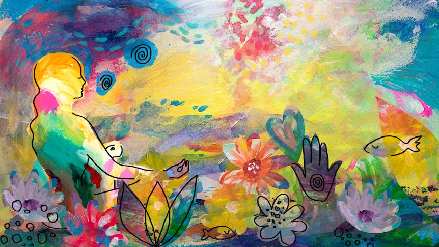 Watercolour painting of a woman meditating in front of a rich display of plants, animals and swirling colours.