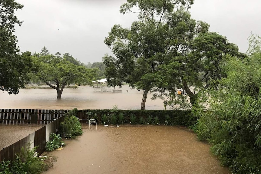 Long fenced back garden covered with brown flood water.