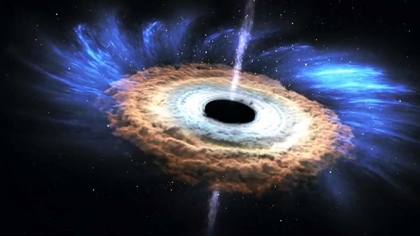 Artist's impression of swirling cyclonic like disk and powerful jets formed around supermassive black hole ASASSN-14Li.