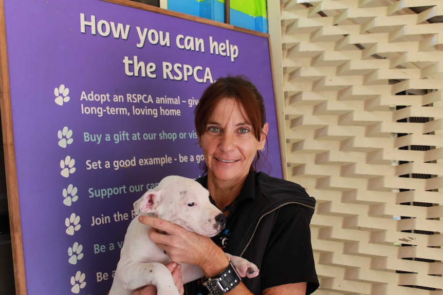 A lady stands holding a puppy outside the RSPCA adoption centre in Bundaberg