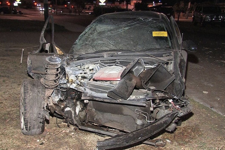 A badly smashed up car that had been caught up in a police pursuit in Morley.