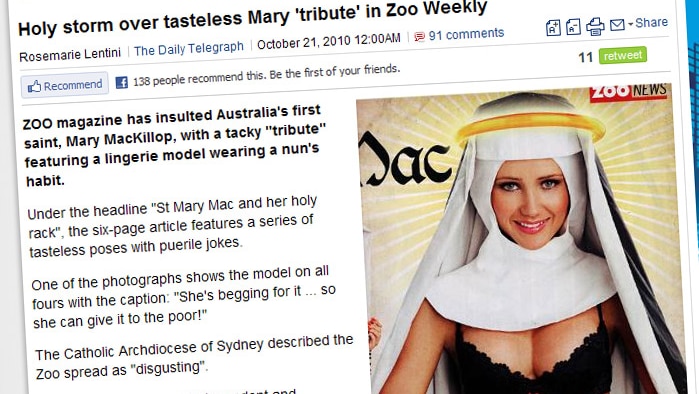 Screenshot of The Daily Telegraph article on Zoo's Mary MacKillop image (ABC: dailytelegraph.com.au)