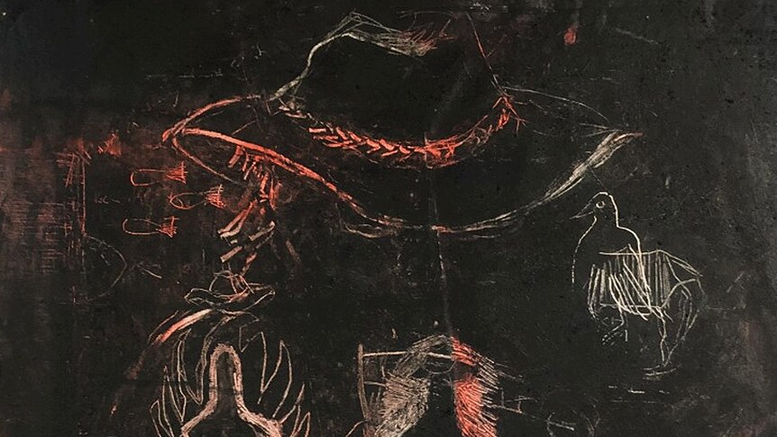 A black painting with the word welcome across the top, it has an akubra hat in red and white with two figures in the foreground