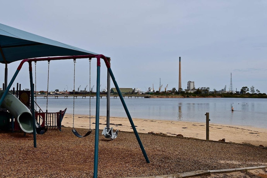 A view of the Port Pirie smelter from Solly beach park across the water.