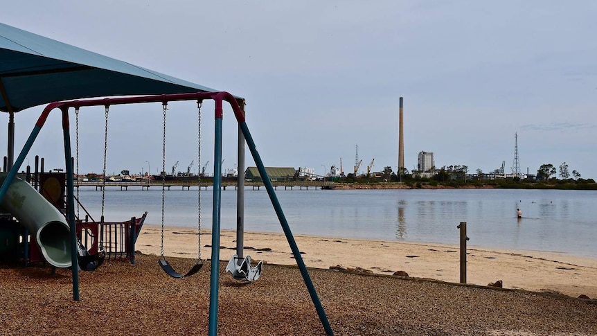 A view of the Port Pirie smelter from Solly beach park across the water.