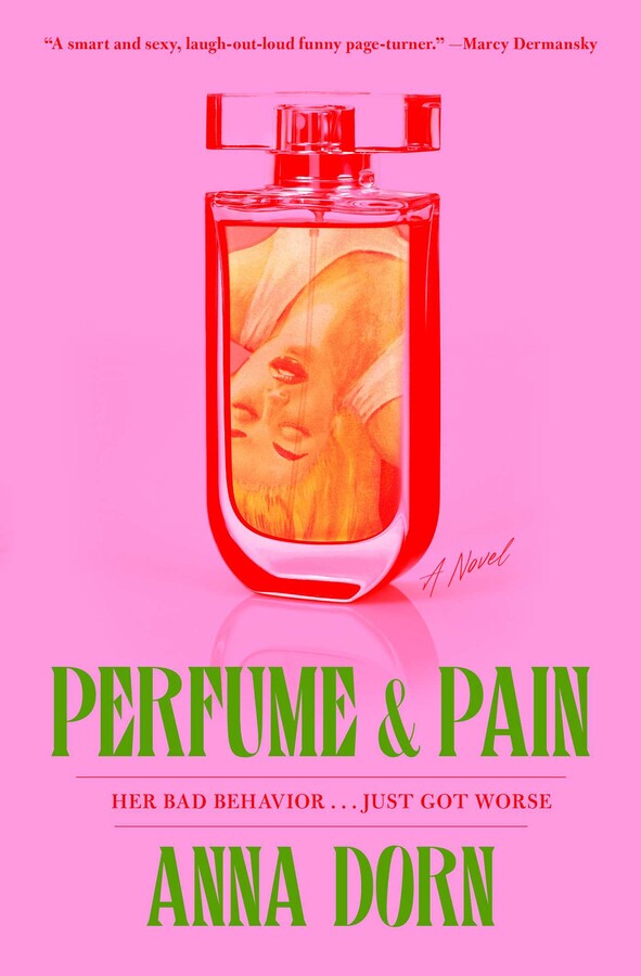 A book cover with a pink background, green writing and an image of a perfume bottle on which a gasping young woman is visible