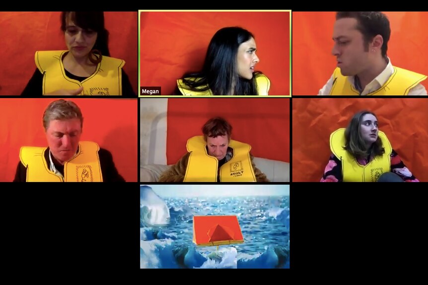 A group of actors in a Zoom call, all wearing live jackets with orange backgrounds