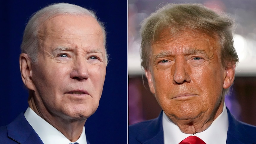 A composite image of Joe Biden and Donald Trump's portraits side by side.