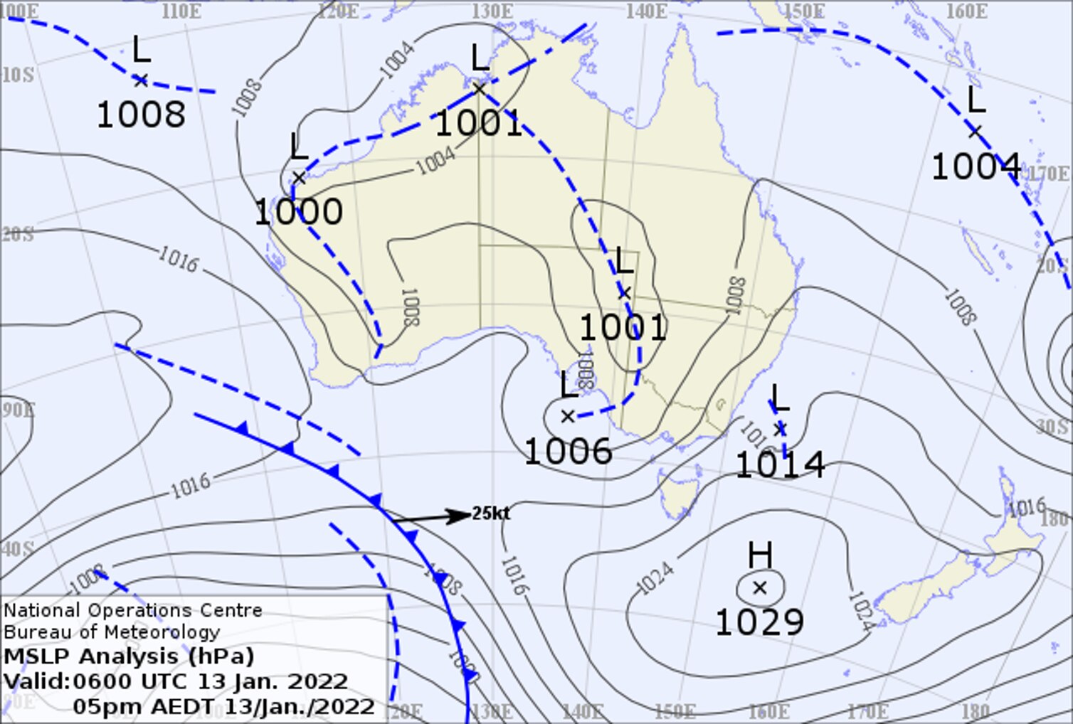 A weather chart showing systems and fronts over a map of Australia