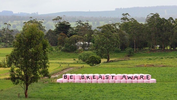 A photo of silage with the words "Be Breast Aware" spelled out.