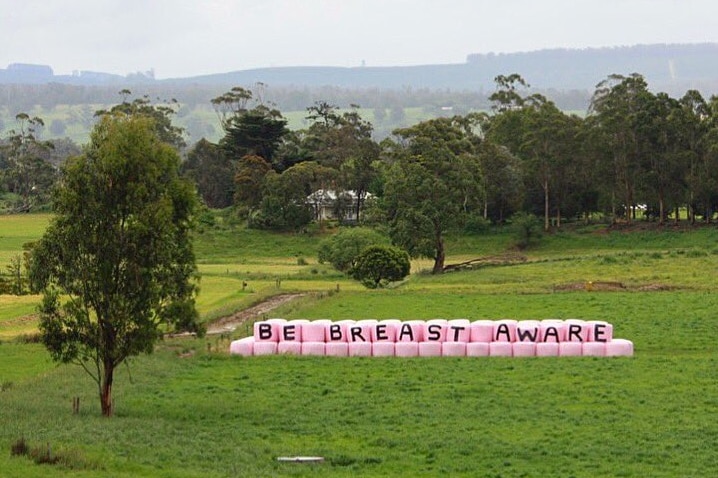 A photo of silage with the words "Be Breast Aware" spelled out.