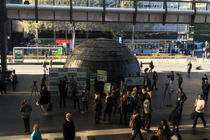 Big Stigma installation by Headspace outside Melbourne's Southern Cross Station.
