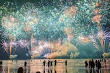 Fireworks light up the sky and silhouettes of people watching