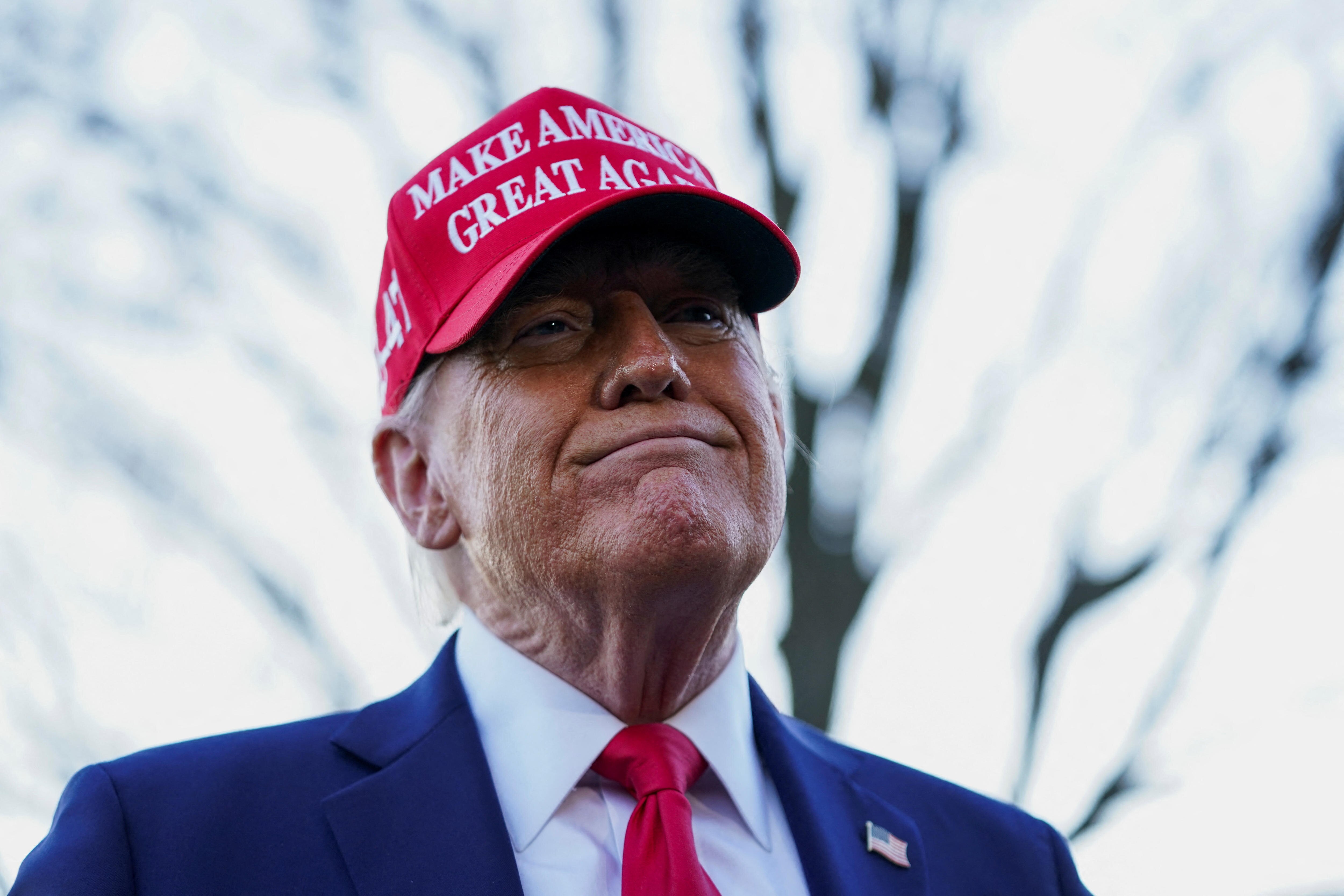 Donald Trump grimacing while wearing a blue suit, red tie and red MAGA hat on a backdrop of blurred tree branches