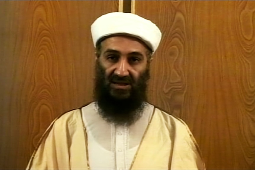 A freeze frame of a video of Osama bin Laden speaking against a plain wood veneer background.
