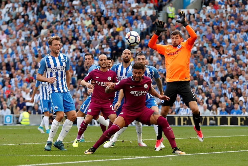 Brighton goalie Mat Ryan in action against Manchester City